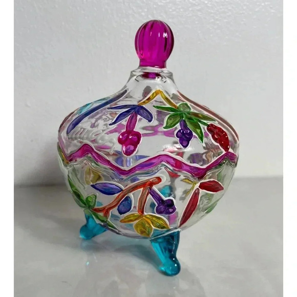 Ompass Hand Painted Art Clear Glass Jar with Lid Embossed Footed Multicolor - Picture 4 of 9